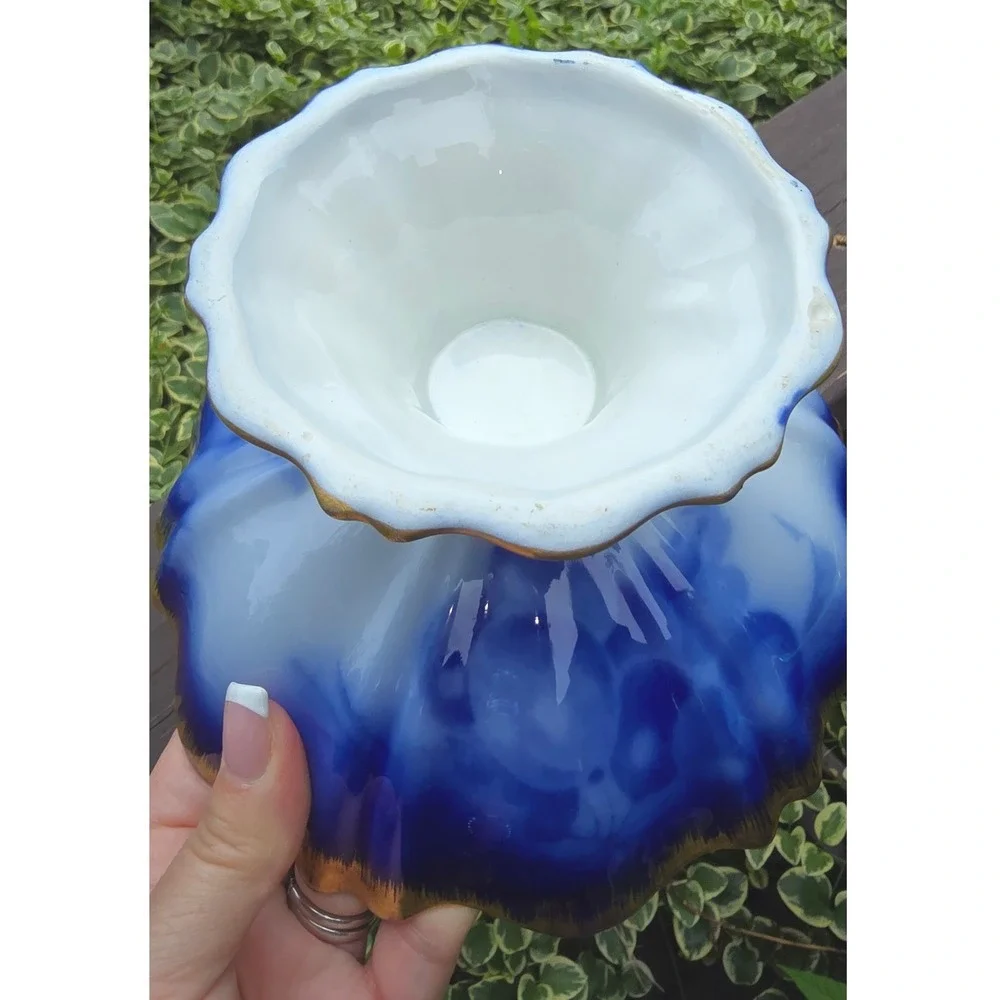 Antique Flow Blue Porcelain Pedestal Compote Bowl Gold Monogram A Scalloped